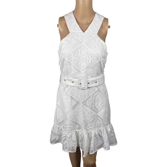 Ciebon Braylee White Eyelet Belted High Neck Dress SZ S - Picture 3 of 11